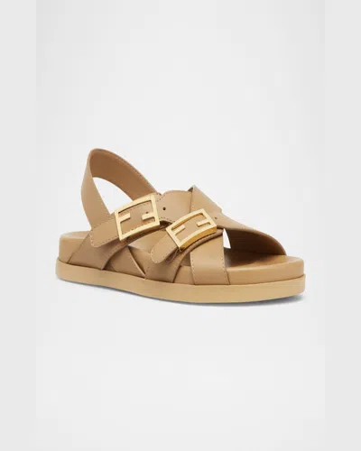 Fendi Feel Buckle-strap Leather Sandals In Cammello