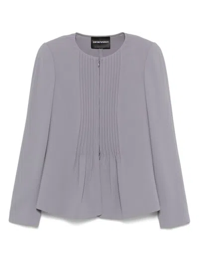 Emporio Armani Crew Neck Pleated Front Blazer With Shoulder Pads In Grey