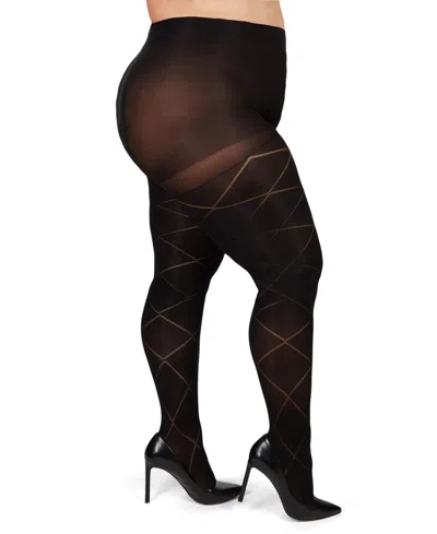 Memoi Plus Size Diamond Opaque Curvy Control Top Tights Mm-2322 In Black