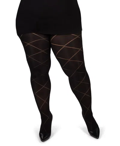 Memoi Plus Size Diamond Opaque Curvy Control Top Tights Mm-2322 In Black