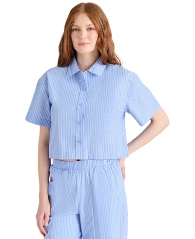 Steve Madden Tula Stripe Short Sleeve Button-up Shirt In Vintage Blue