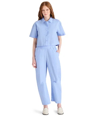 Steve Madden Tula Stripe Short Sleeve Button-up Shirt In Vintage Blue