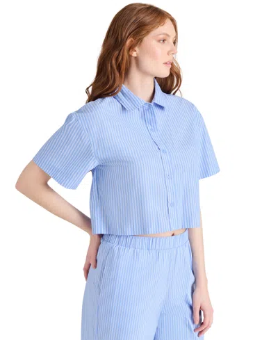 Steve Madden Tula Stripe Short Sleeve Button-up Shirt In Vintage Blue