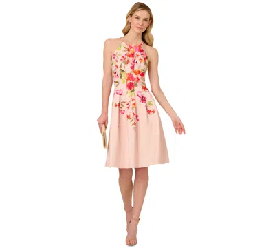 Adrianna Papell Women's Floral-print Pleated Fit & Flare Halter Dress In Champagne Multi