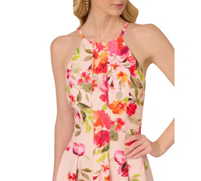 Adrianna Papell Women's Floral-print Pleated Fit & Flare Halter Dress In Champagne Multi