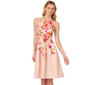 Adrianna Papell Women's Floral-print Pleated Fit & Flare Halter Dress In Champagne Multi
