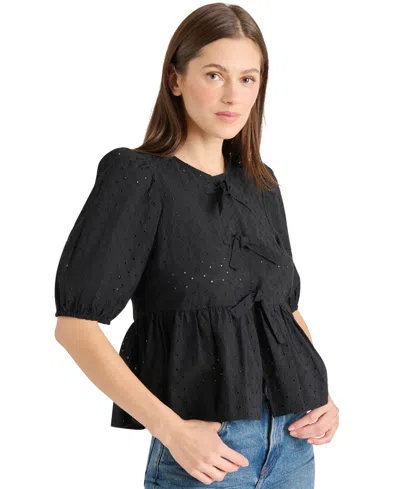 Steve Madden Paula Eyelet Tie Front Top In Black