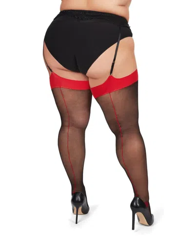 Memoi Plus Size Back Seam/cuban Heel Curvy Thigh High Stocking Mm-2612 In Black-red