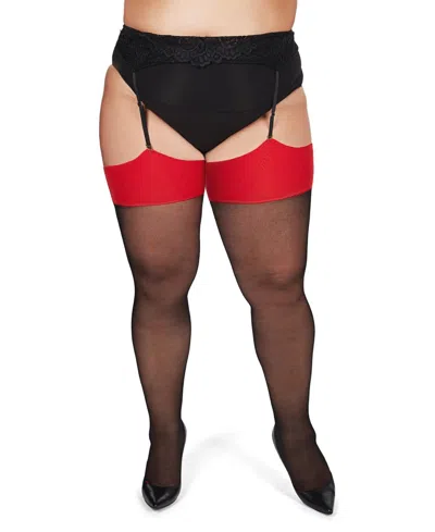 Memoi Plus Size Back Seam/cuban Heel Curvy Thigh High Stocking Mm-2612 In Black-red