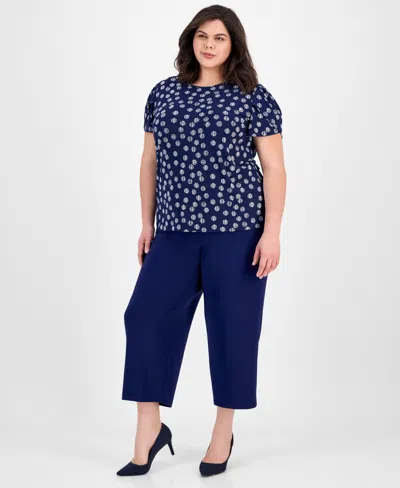 Ak Anne Klein Plus Size High-rise Cropped Pull-on Pants In Distant Mountain,bright White