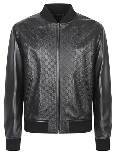 Gucci Men Gg Leather Bomber Jacket In Black