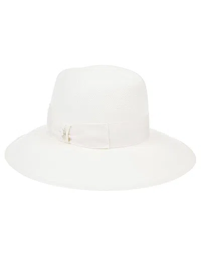 Borsalino Wide Brim Straw Hat With Ribbon Detail In White