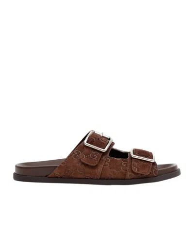 Gucci Suede Slide Sandals Open Toe In Brown