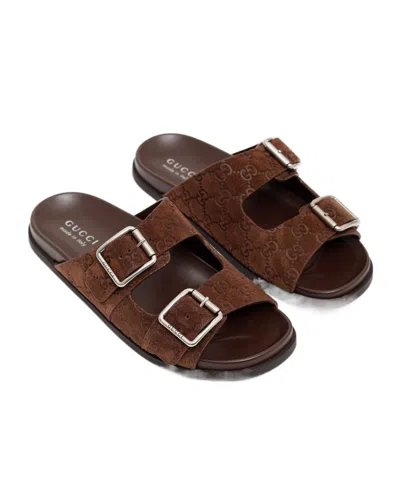 Gucci Suede Slide Sandals Open Toe In Brown