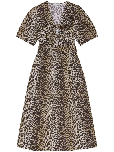 Ganni Belted Bow-embellished Leopard-print Cotton-poplin Midi Dress In Multicolor