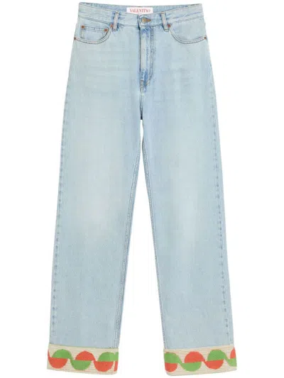 Valentino Garavani Light Blue Jeans With Logo Patch On The Back And Jacquard Cuffs In Denim Woman In Blue