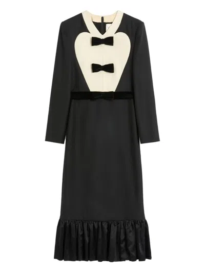 Valentino Belted Bow-embellished Velvet And Ottoman-trimmed Wool Midi Dress In Nero/soft Beige
