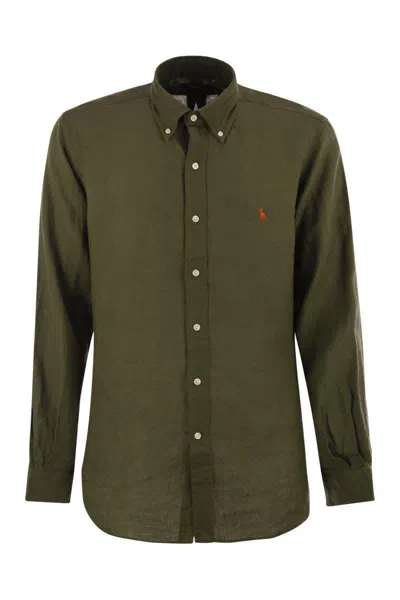Polo Ralph Lauren Olive Green Cotton Shirt With Signature Polo Pony Motif In Military Green