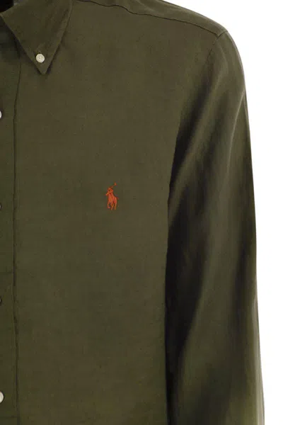 Polo Ralph Lauren Olive Green Cotton Shirt With Signature Polo Pony Motif In Military Green