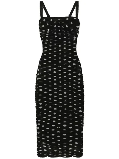 Dolce & Gabbana Draped Sheath Dress In Polka Dot Print Tulle In Black