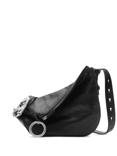 Burberry Woman Black Leather Knight Medium Shoulder Bag In Black