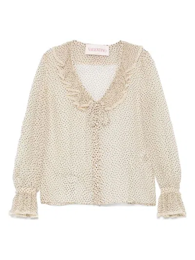 Valentino Polka Dot Printed Ruffled Top In Beige