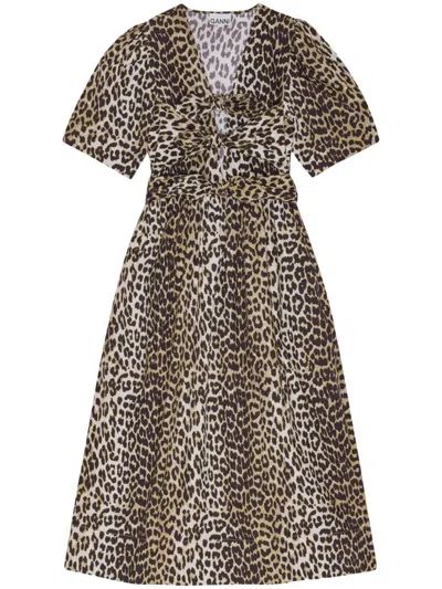 Ganni Belted Bow-embellished Leopard-print Cotton-poplin Midi Dress In Multicolor