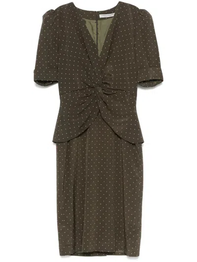 Alessandra Rich Polka-dot Silk Midi Dress In Dark Green Ivory