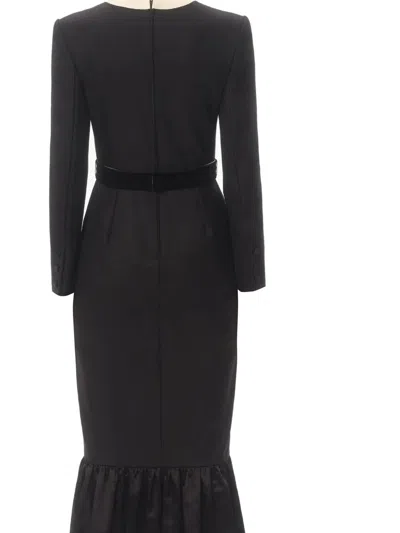 Valentino Belted Bow-embellished Velvet And Ottoman-trimmed Wool Midi Dress In Nero/soft Beige