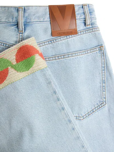 Valentino Garavani Light Blue Jeans With Logo Patch On The Back And Jacquard Cuffs In Denim Woman In Blue
