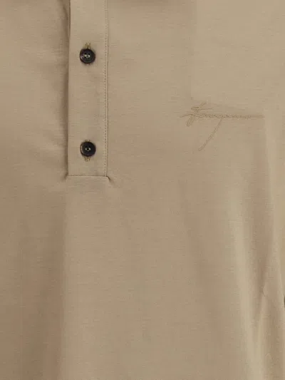Ferragamo Logoed Polo Shirt With Side Slits In Beige