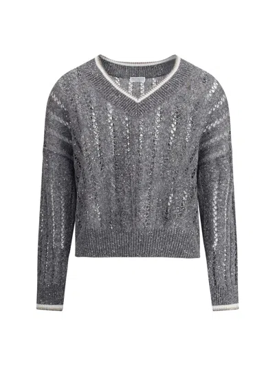 Brunello Cucinelli Perforated Sweater With Sequins In Grey