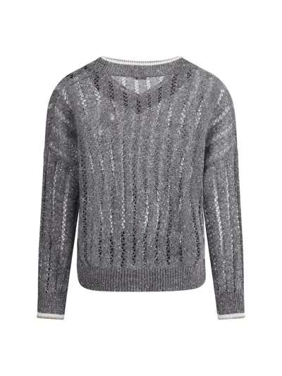 Brunello Cucinelli Perforated Sweater With Sequins In Grey