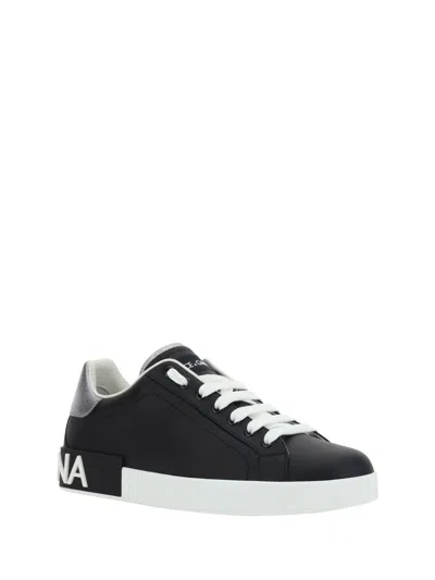 Dolce & Gabbana Portofino Sneakers In Black Leather With Silver Inserts In Black