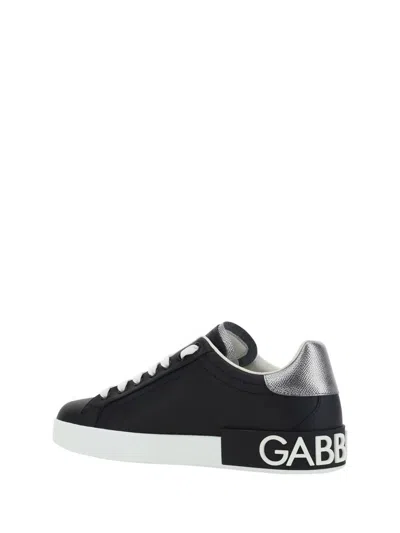Dolce & Gabbana Portofino Sneakers In Black Leather With Silver Inserts In Black