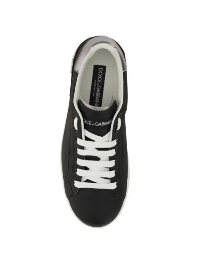 Dolce & Gabbana Portofino Sneakers In Black Leather With Silver Inserts In Black