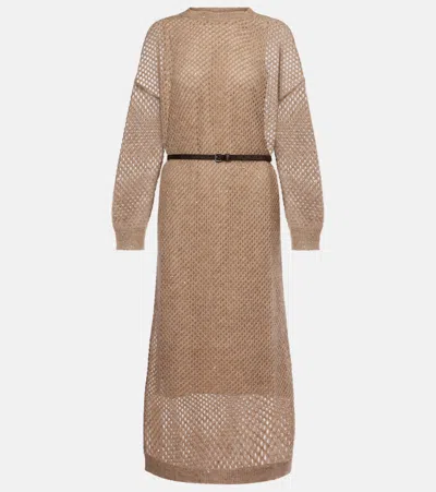 Brunello Cucinelli Hazelnut Color Midi Dress With Waist Belt In Brown