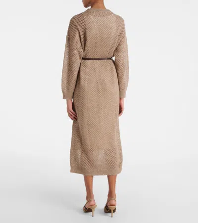 Brunello Cucinelli Hazelnut Color Midi Dress With Waist Belt In Brown