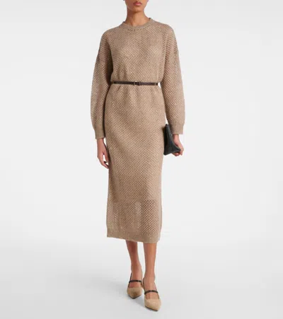 Brunello Cucinelli Hazelnut Color Midi Dress With Waist Belt In Brown