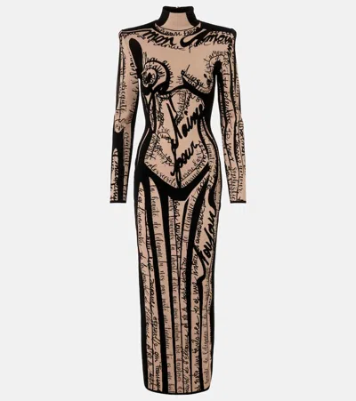 Balmain Long Knit Dress With Body Motif In Neutral