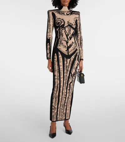 Balmain Long Knit Dress With Body Motif In Neutral