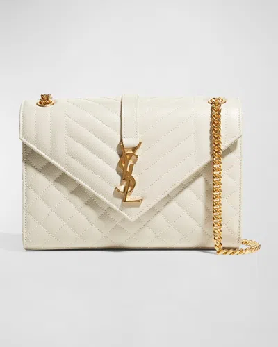 Saint Laurent Envelope Triquilt Medium Ysl Shoulder Bag In Grained Leather In White