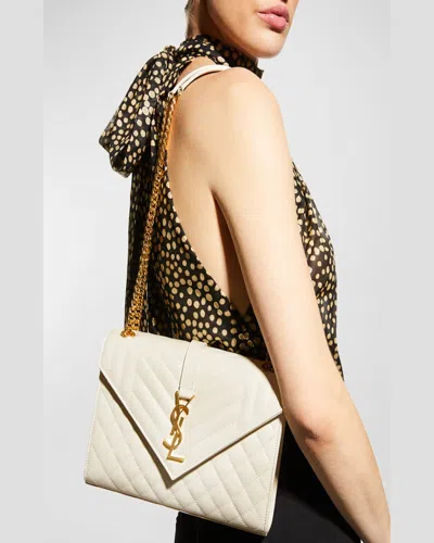 Saint Laurent Envelope Triquilt Medium Ysl Shoulder Bag In Grained Leather In White