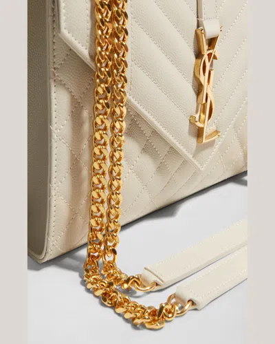 Saint Laurent Envelope Triquilt Medium Ysl Shoulder Bag In Grained Leather In White