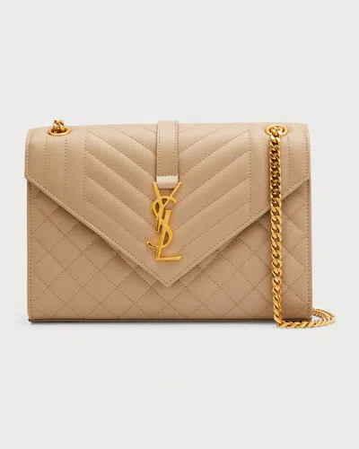 Saint Laurent Envelope Triquilt Medium Ysl Shoulder Bag In Grained Leather In Dark Beige