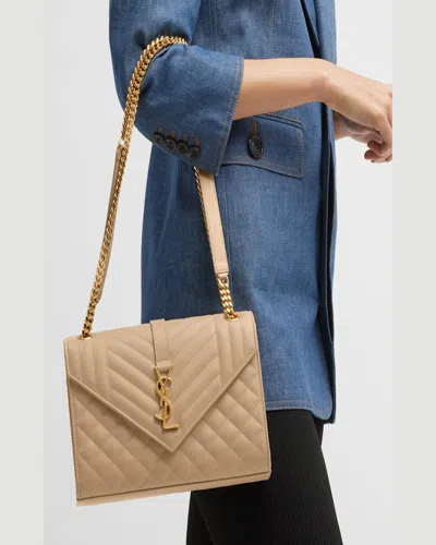Saint Laurent Envelope Triquilt Medium Ysl Shoulder Bag In Grained Leather In Dark Beige