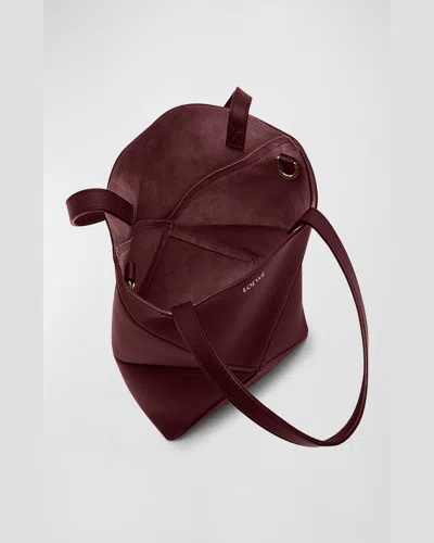 Loewe Puzzle Fold Mini Tote Bag In Shiny Leather In Dark Burgundy