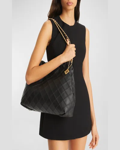 Tory Burch Fleming Hobo Shoulder Bag In Black Leather  In Black