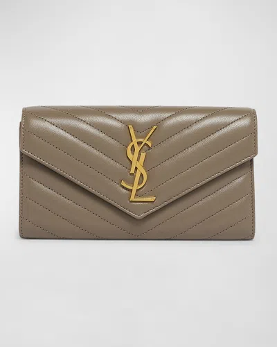 Saint Laurent Ysl Monogram Large Envelope Flap Wallet In Smooth Leather In Greyish Brown