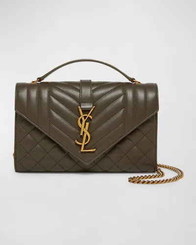 Saint Laurent Envelope Triquilt Small Ysl Shoulder Bag In Smooth Leather In Light Musk